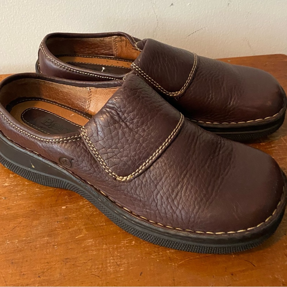 BORN B9408 Brown Leather Heeled Wedge Mule Clog Slip On Vintage Y2k Sz 10